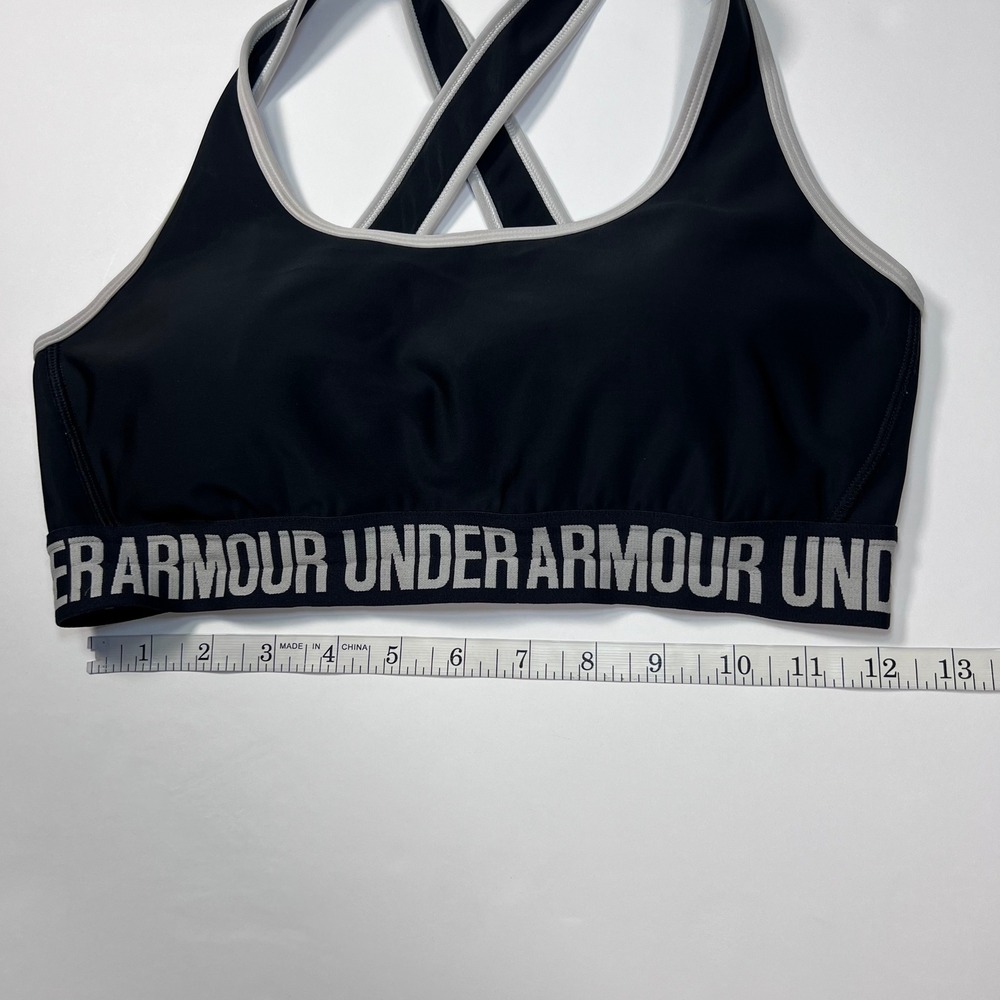 Under Armour Mid Keyhole Sports Bra Size Large Black Gray Logo Band - Picture 6 of 9